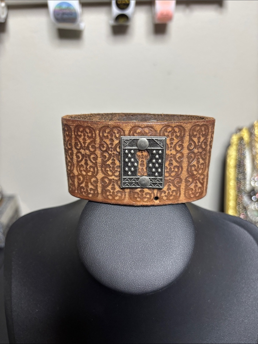 Rustic Boho Embossed Leather Cuff with Keyhole Accent Festival